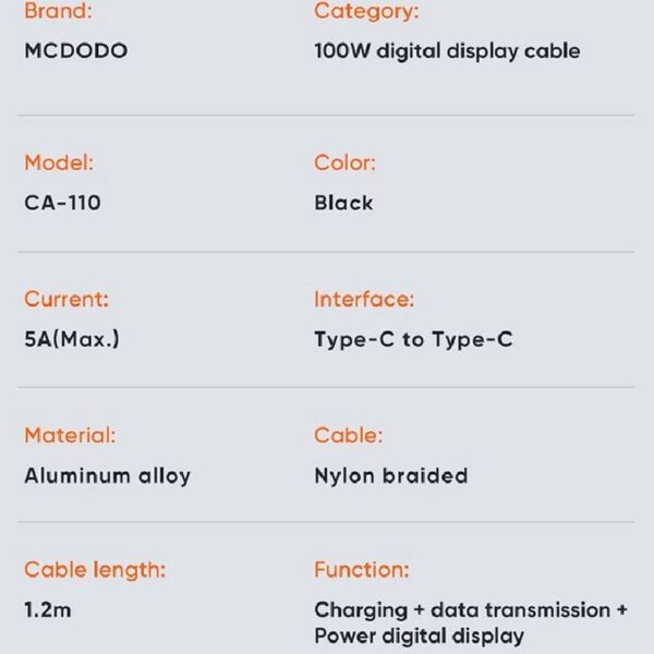 کابل شارژ تایپ سی به تایپ سی مک دودو مدل MCDODO CA-1100