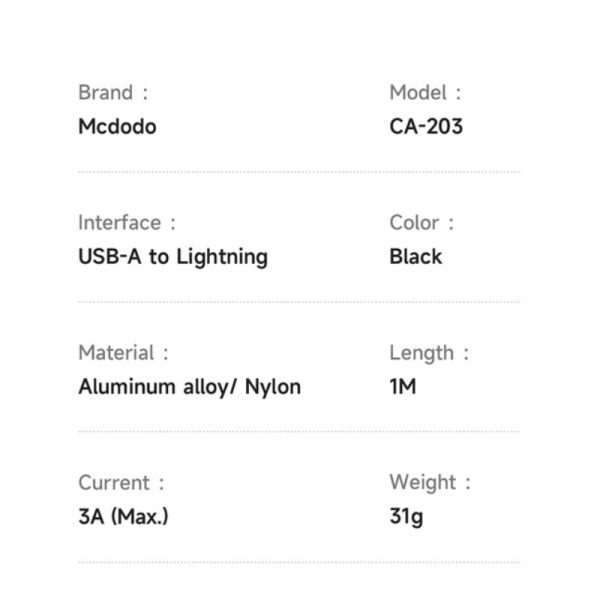 کابل شارژ USB به لایتنینگ مکدودو مدل CA-2030