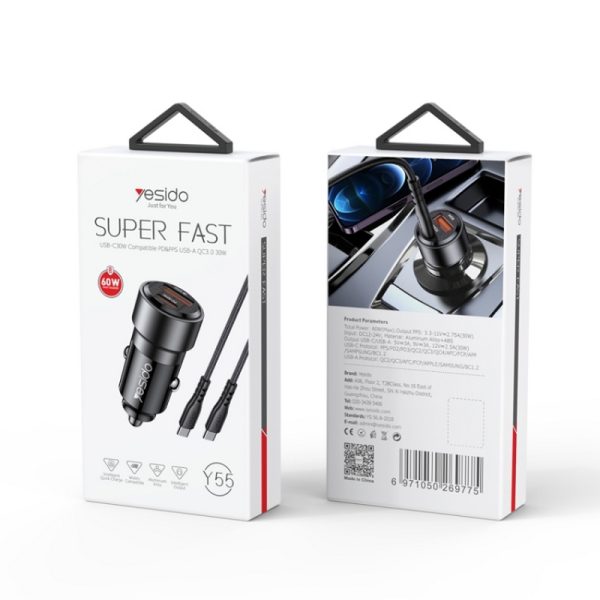 شارژر فندکی 60 وات یسیدو مدل Y55 به همراه کابل USB-C