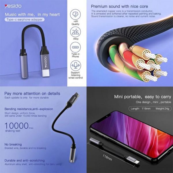مبدل USB-C به جک 3.5 میلی متری یسیدو مدل YAU-19