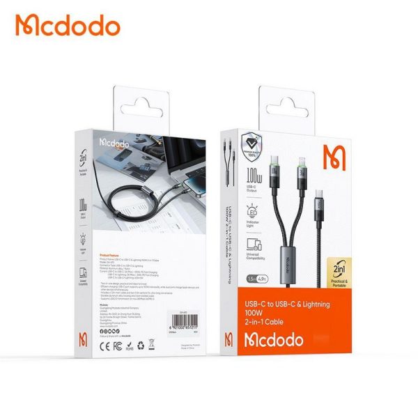 کابل شارژ سریع 100وات تایپ سی به لایتنینگ+تایپ سی مکدودو مدل CA-6700